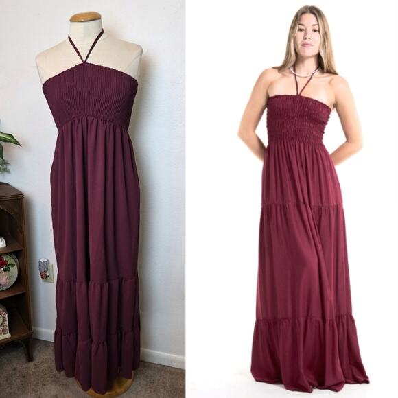 🚨NEW CUPSHE Burgundy Red Smocked Tie Neck Tiered Maxi Dress Swim Coverup Size L - Picture 1 of 9